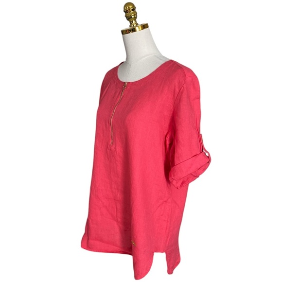 ELLEN TRACY 100% Linen Roll Tab 1/4 Zip Relaxed Tunic Blouse Size L Lagenlook - Picture 3 of 6